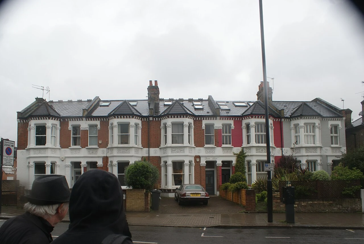 View of a terrace of distinctive Victorian houses on Chiswick Lane