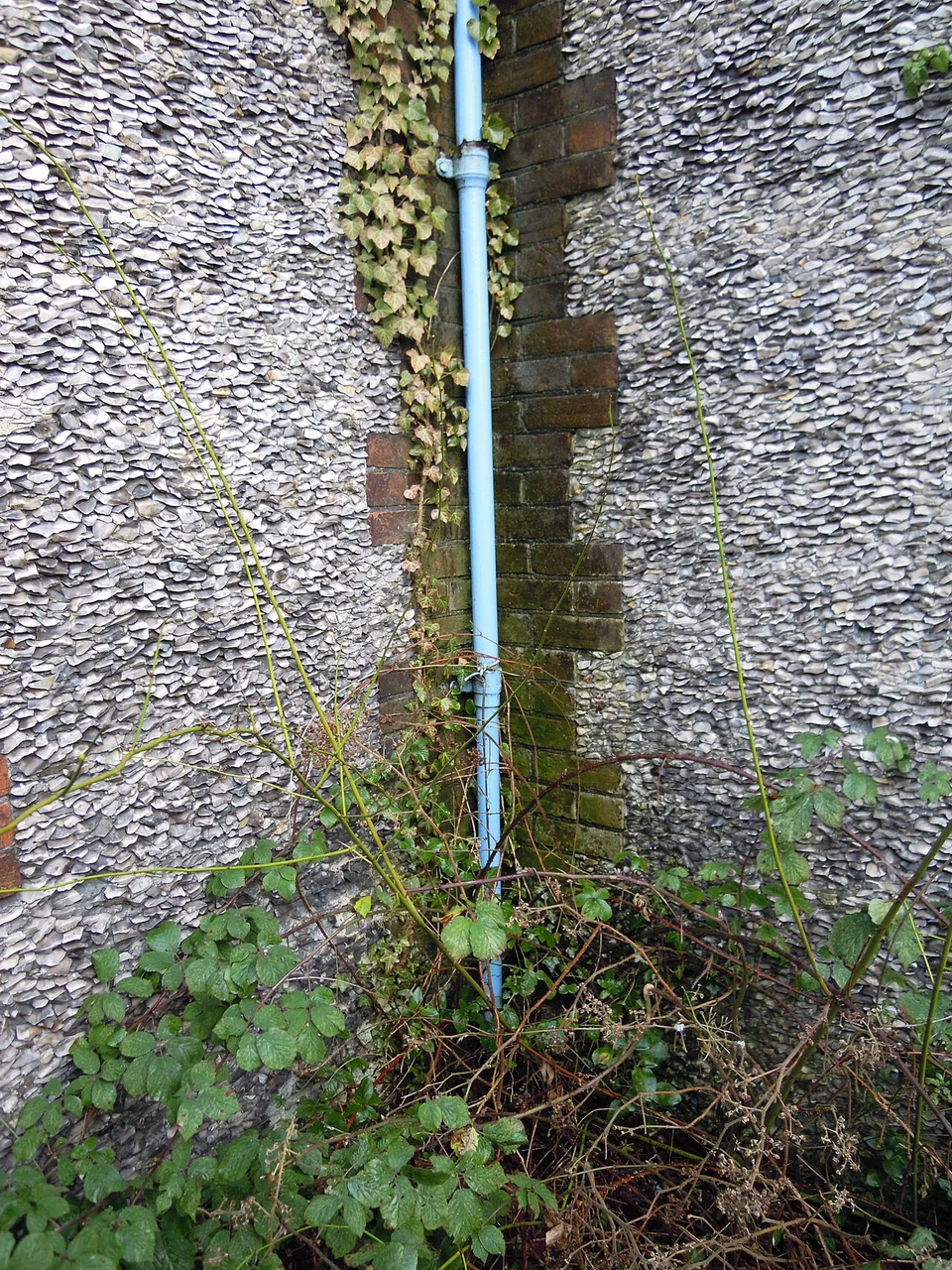 Downpipe and external wall detail on a cottage