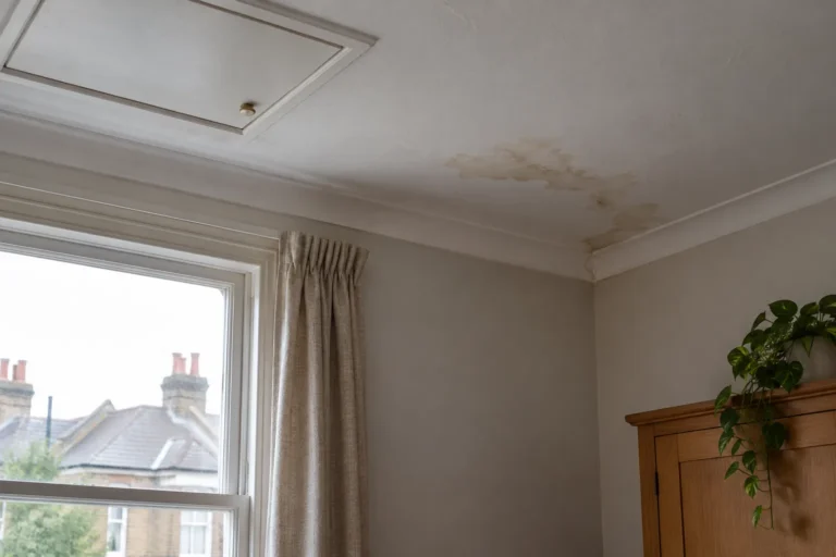 Damp patch visible on a London room wall away from the likely water entry point