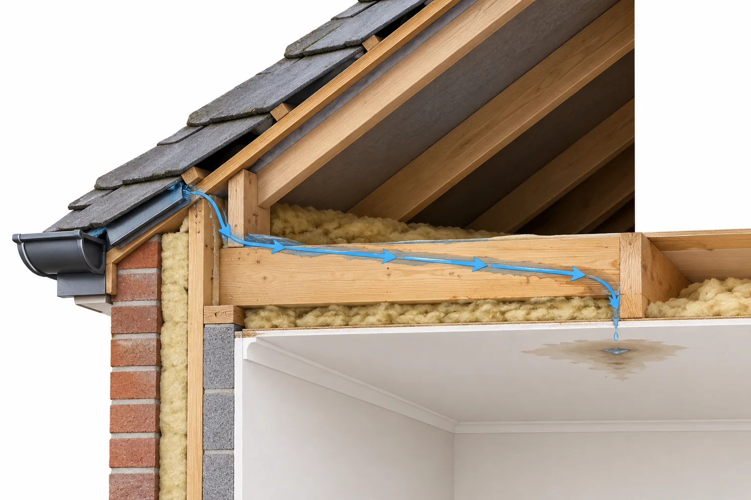 Illustration of water following a roof joist before dripping onto plasterboard farther inside a room